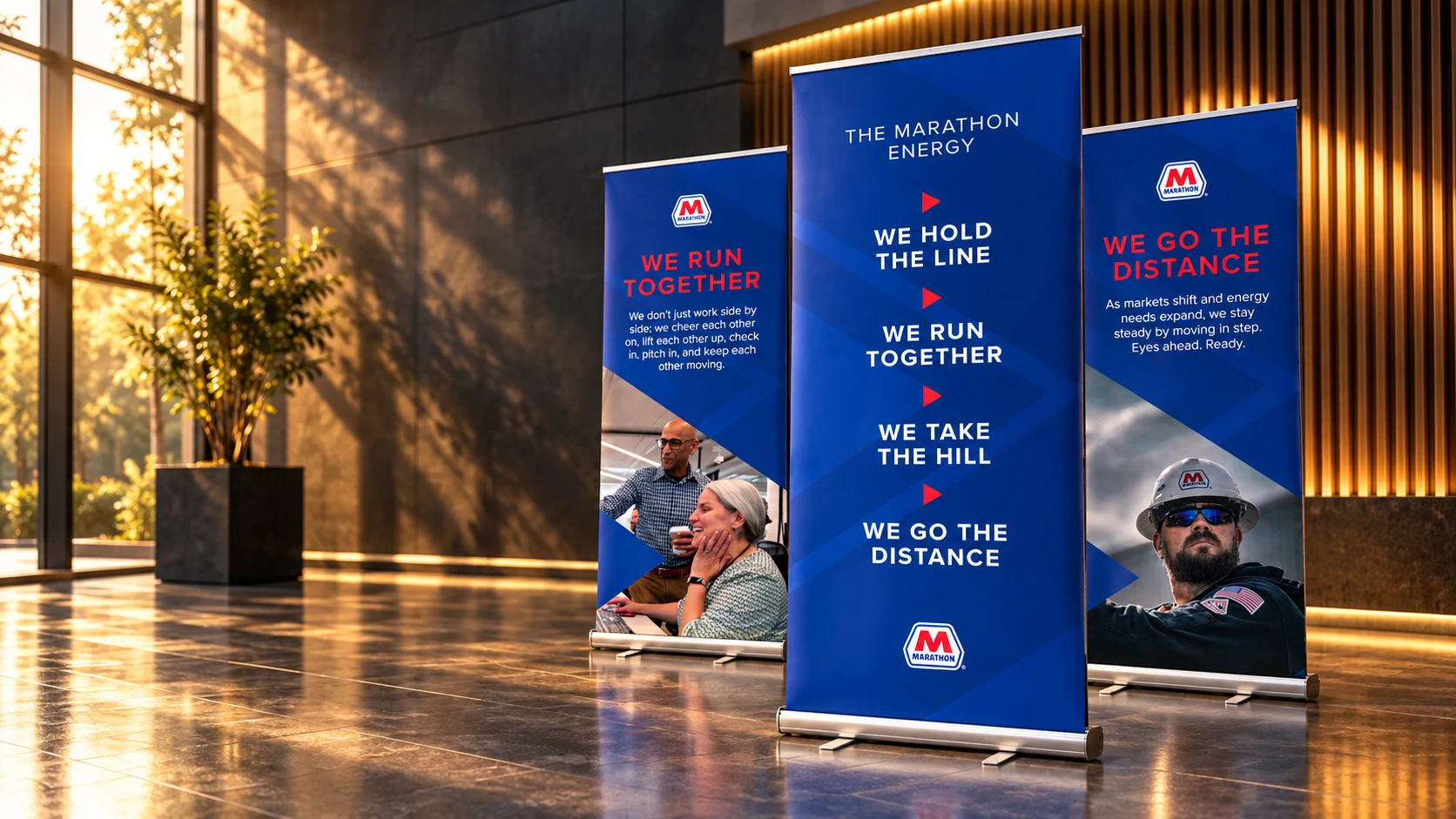 Cinematic product visualization of three silver retractable banner stands carrying blue Marathon designs in a sunlit corporate foyer. An illustrative setting, not a photograph of the event.