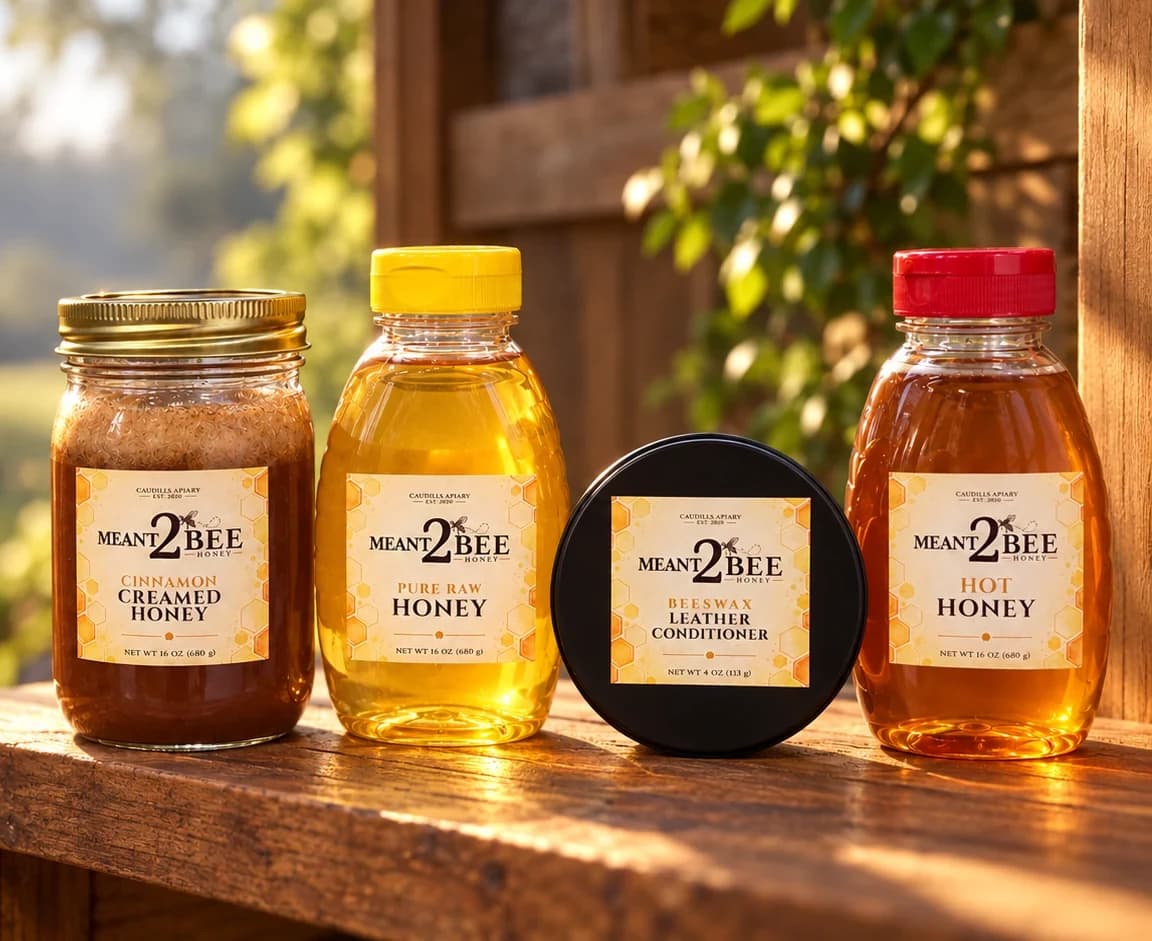 Cinematic artwork of four Meant2Bee Honey products with matching cream and gold honeycomb labels on a wooden shelf in warm sunlight: cinnamon creamed honey, pure raw honey, beeswax leather conditioner, and hot honey