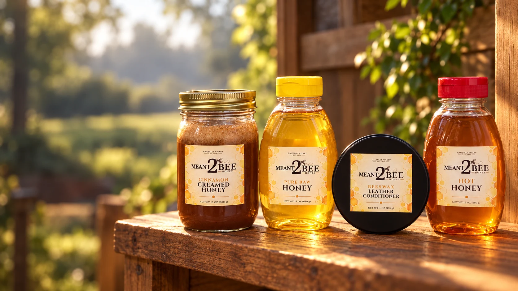 Cinematic artwork of four Meant2Bee Honey products with matching cream and gold honeycomb labels on a wooden shelf in warm sunlight: cinnamon creamed honey, pure raw honey, beeswax leather conditioner, and hot honey