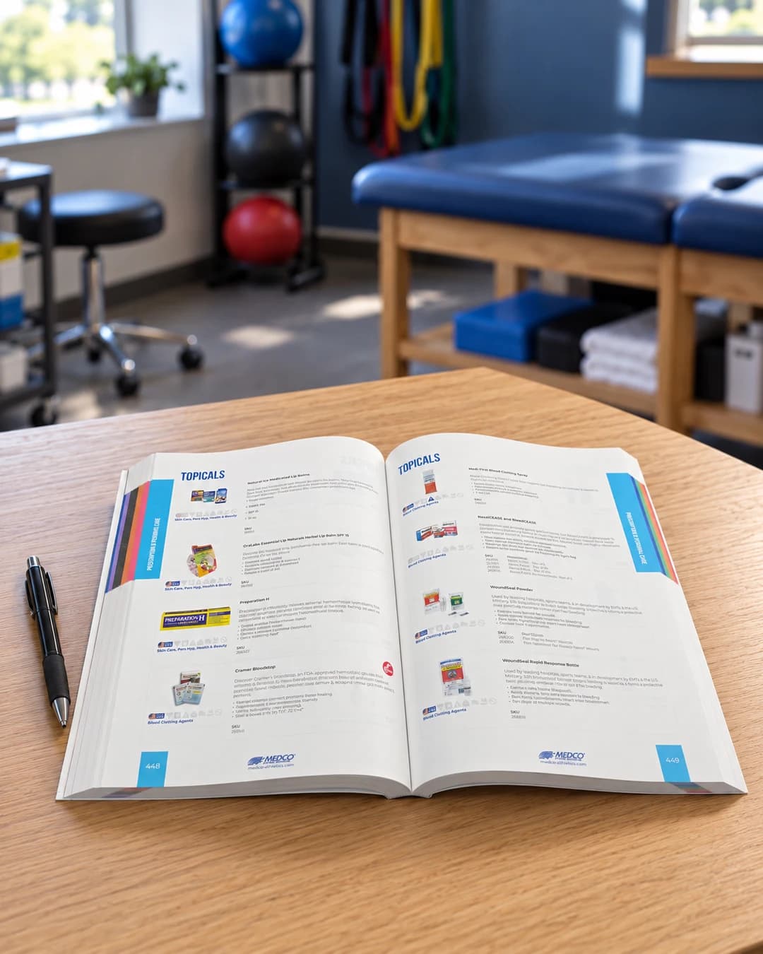 Cinematic artwork based on the actual MEDCO catalog, open at natural desk scale in an illustrative physical therapy office, with a pen beside it.