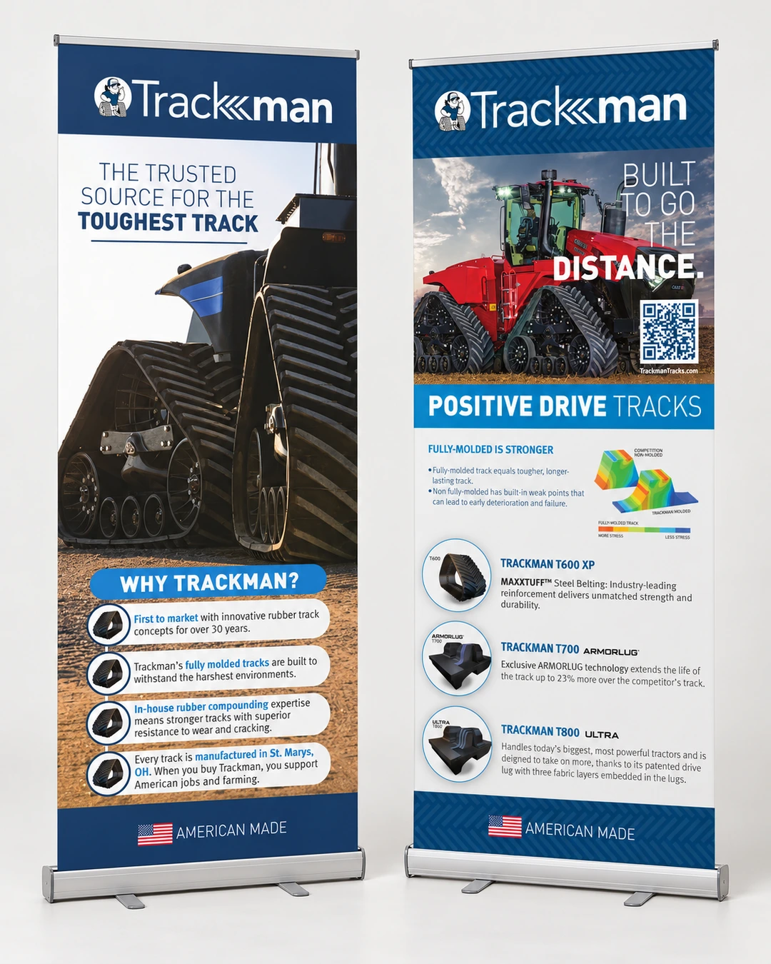 Cinematic artwork of two Trackman retractable banner stands using the original campaign artwork