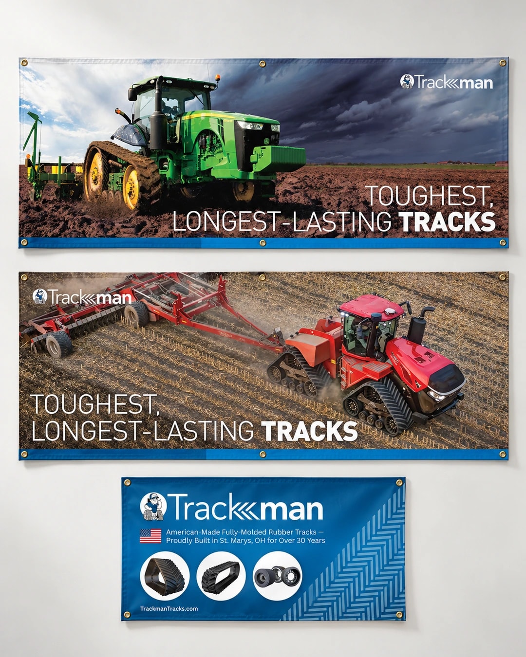 Cinematic artwork of the three Trackman vinyl banner designs, based on the original campaign artwork