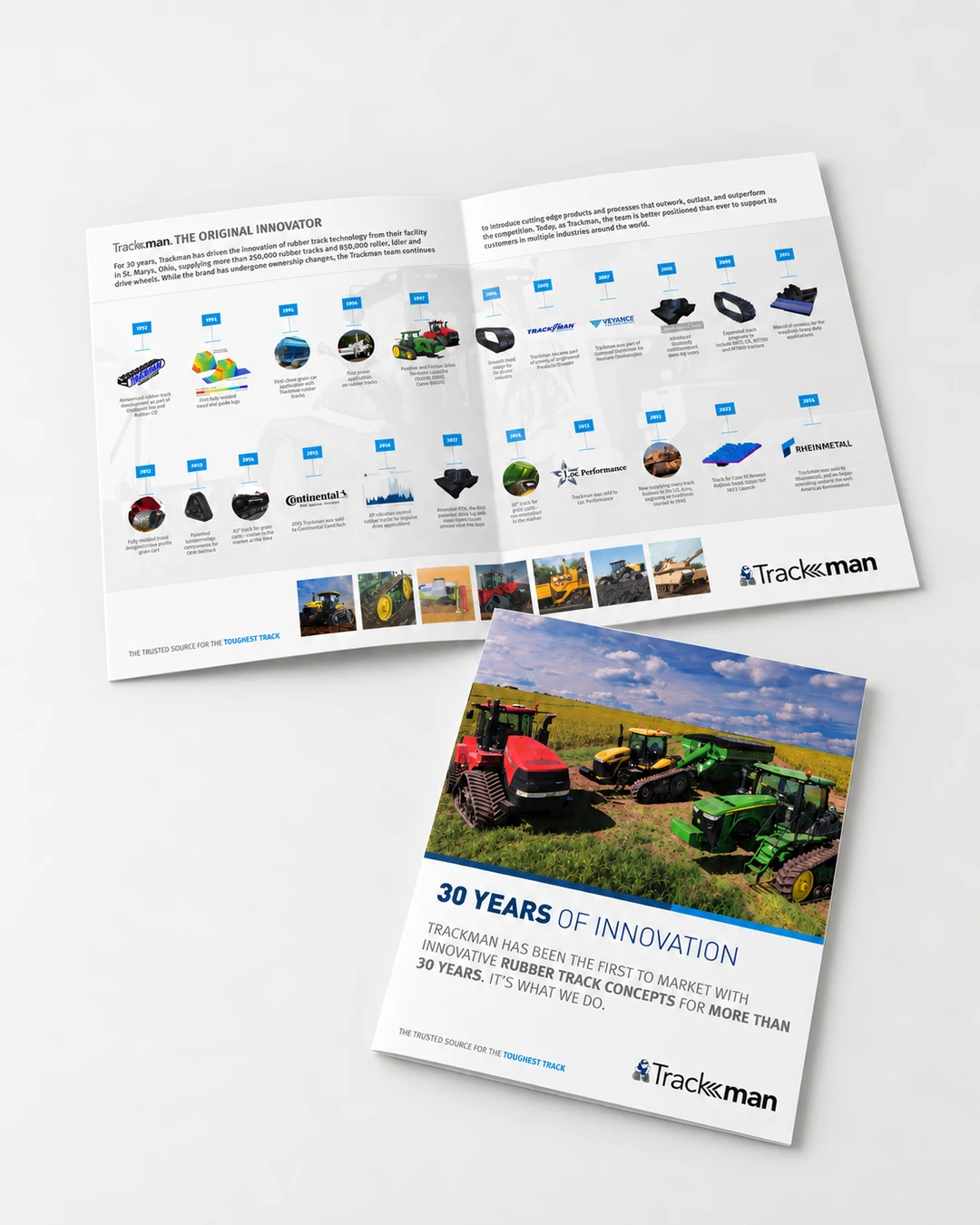 Cinematic artwork of the Trackman brochure cover and open inside spread, based on the original campaign artwork