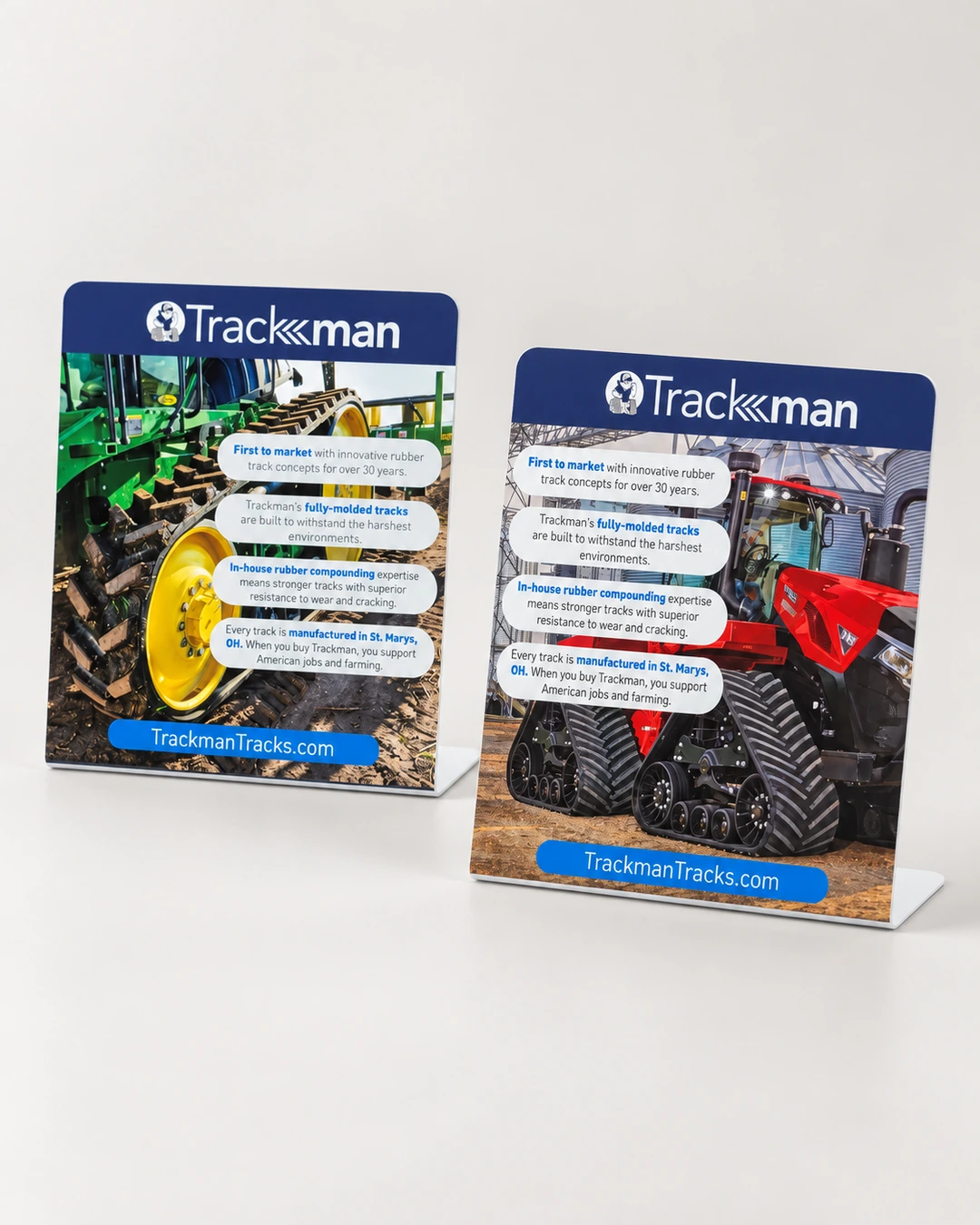 Cinematic artwork based on photos of the actual Trackman counter displays, with green and red tractor designs and flat rear feet