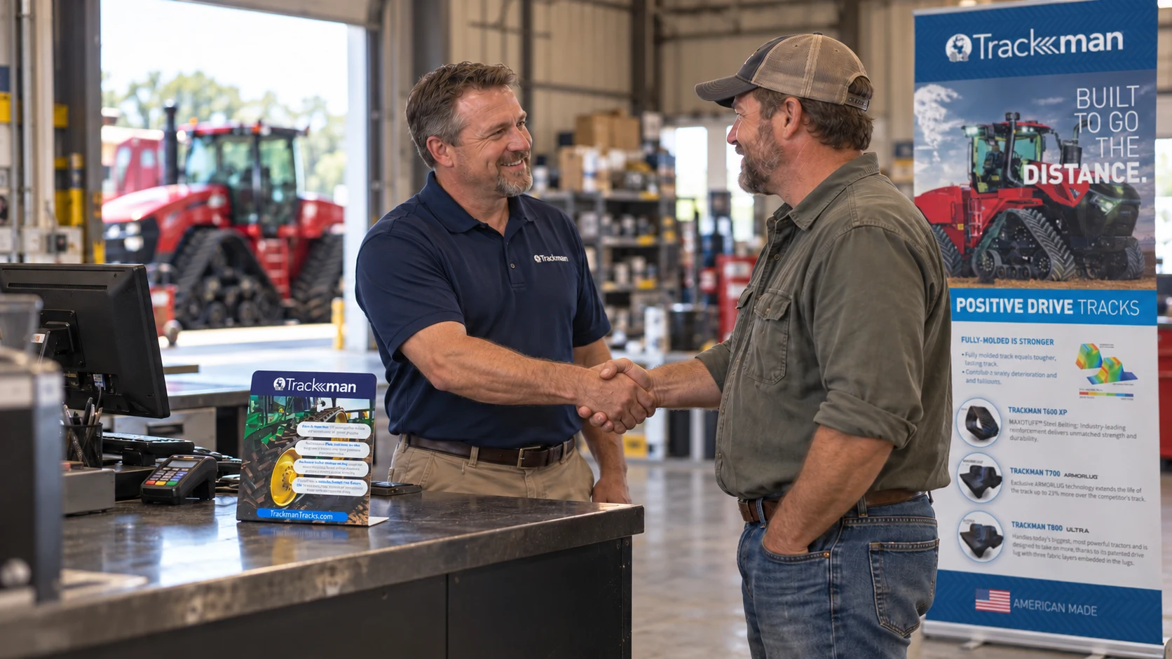 Cinematic artwork of a Trackman representative and distributor shaking hands at an agricultural dealership counter, with a Trackman counter display and banner stand