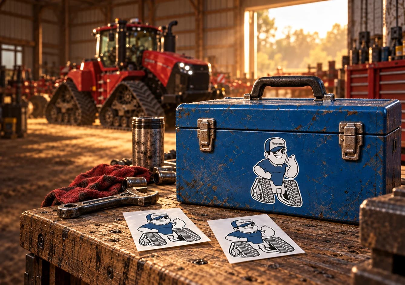 Cinematic artwork of Trackman mascot stickers on a blue toolbox and individual white release liners in an agricultural barn, with a blurred tracked tractor behind