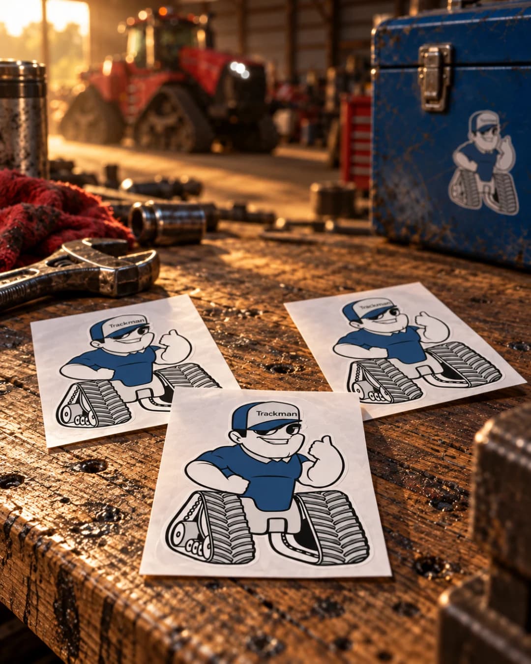 Cinematic artwork of three individual contour-cut Trackman mascot stickers on white release liners on a barn workbench