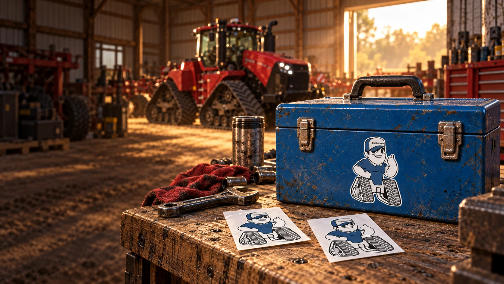 Cinematic artwork of Trackman mascot stickers on a blue toolbox and individual white release liners in an agricultural barn, with a blurred tracked tractor behind