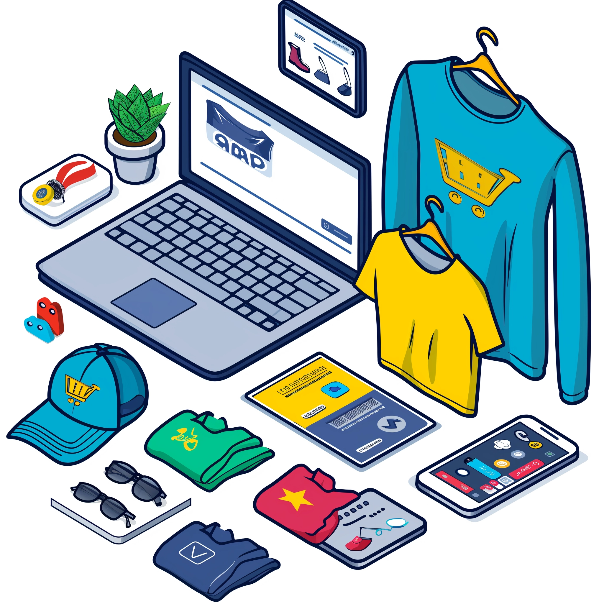 Illustration of an array of branded merchandise including clothing, electronics, and accessories surrounding an open laptop with an online store on the screen.