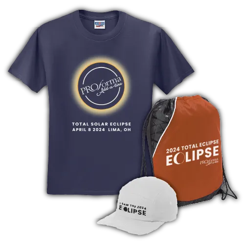 Custom branded 2024 total solar eclipse commemorative apparel by Proforma, featuring a t-shirt, cap, and drawstring bag.