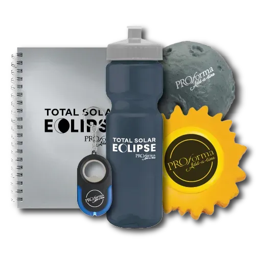 Custom branded promotional giveaway items for the 2024 solar eclipse by Proforma, including a water bottle, notebook, keychain flashlight, and stress reliever.