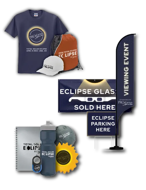 A collection of 2024 solar eclipse viewing event merchandise, including custom t-shirts, banners, yard signs, promotional giveaways, and flags by Proforma.