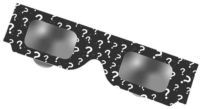 Eclipse glasses with question mark pattern symbolizing customer FAQs