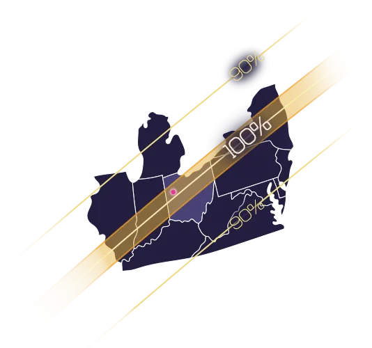 Map showing the path of 100.2% total solar eclipse coverage over Lima, Ohio.