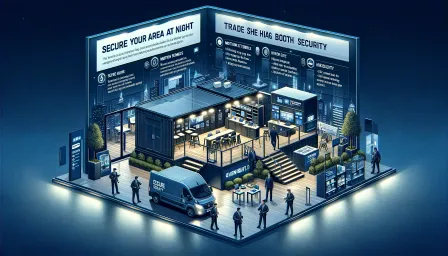 Digital art illustration of a trade show booth with advanced security features at night.