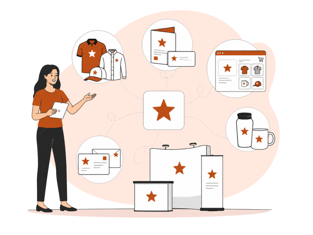 Illustration showing one logo connected to apparel, print, promo products, signage, and online store items